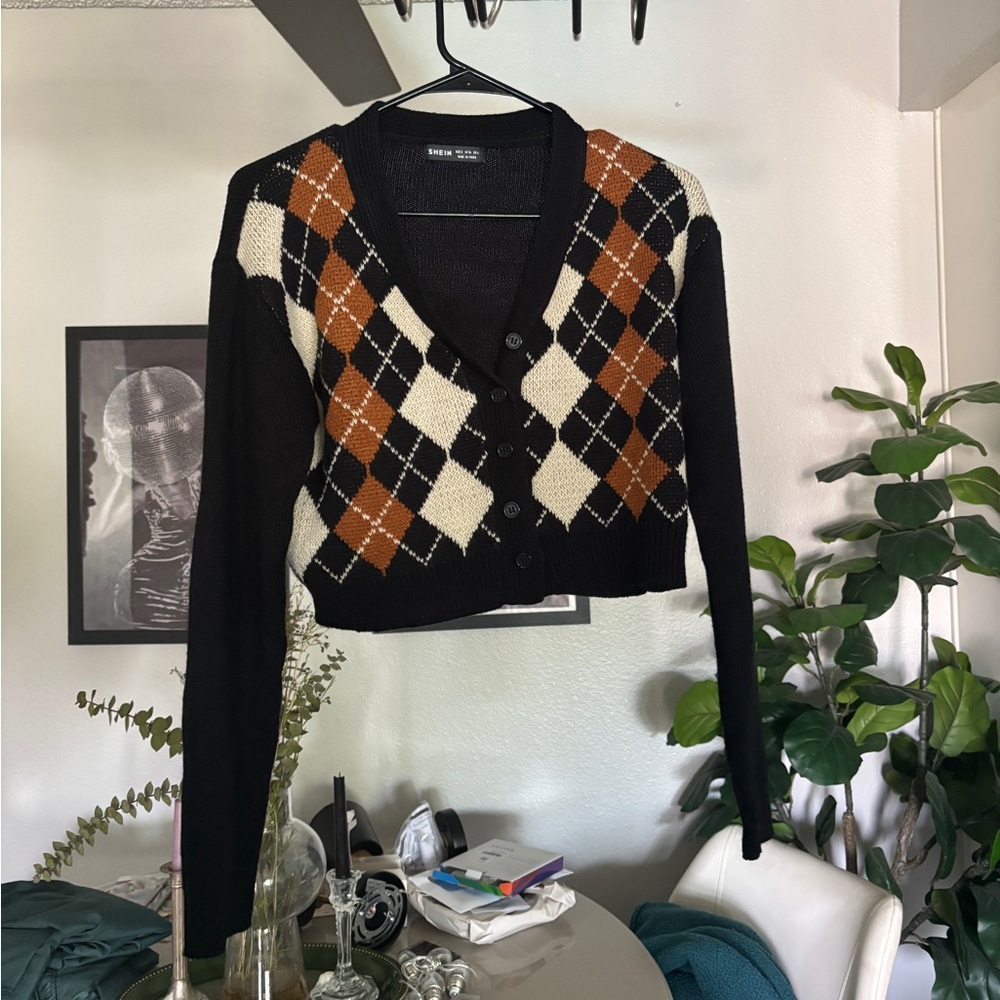 Black, white orange fitted cardigan